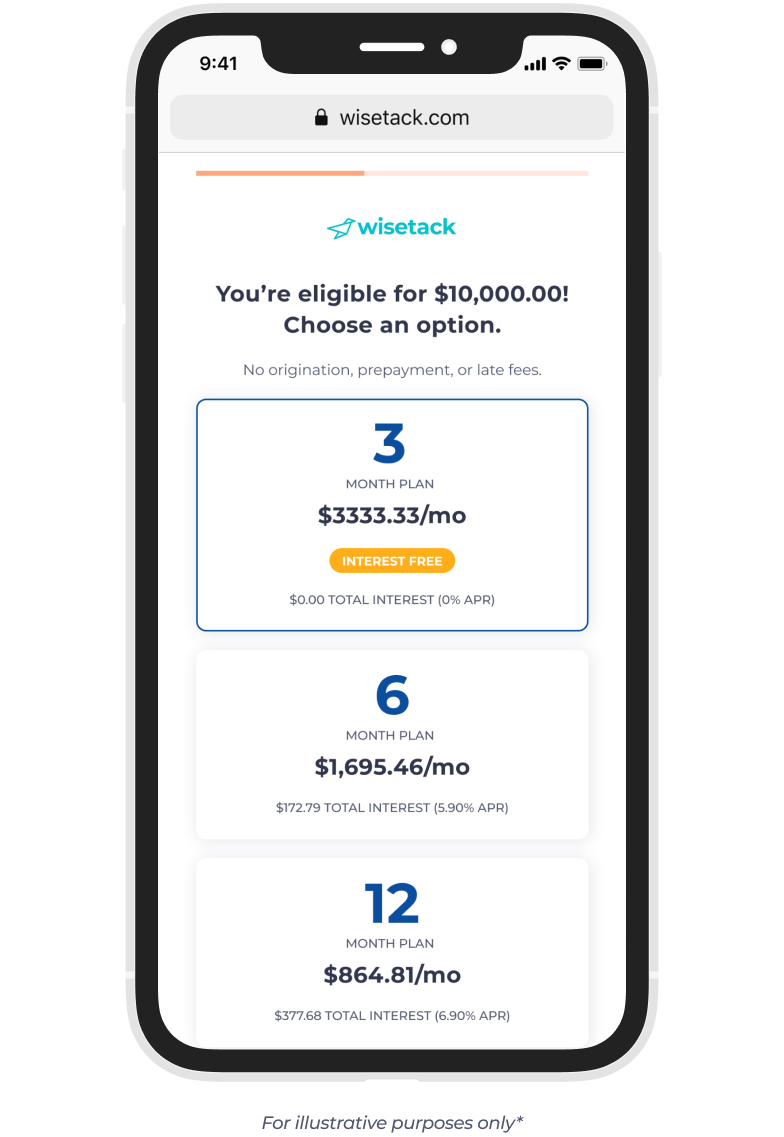 Wisetack product - offer screen - $10,000